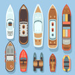 Top aerial view boat and ocean ships vector set