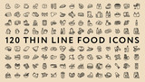 Fototapeta  - Big Set of 120 Thin Line Stroke Food Icons. Meat, milk, seafood, pasta, soup, bread, egg, cake, sweets, fruits, vegetables, drinks, nutrition, pizza, fish, sauce, cheese, butter, pie, nuts, snacks