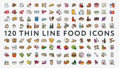 big set of 120 thin color line stroke food icons. meat, milk, seafood, pasta, soup, bread, egg, cake