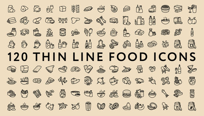 Big Set of 120 Thin Line Stroke Food Icons. Meat, milk, seafood, pasta, soup, bread, egg, cake, sweets, fruits, vegetables, drinks, nutrition, pizza, fish, sauce, cheese, butter, pie, nuts, snacks