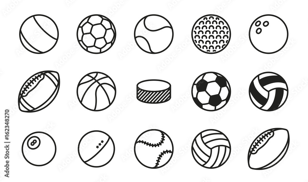 Sports Balls Minimal Flat Line Vector Icon Set. Soccer, Football ...