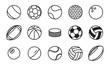 Sports Balls Minimal Flat Line Vector Icon Set. Soccer, Football, Tennis, Golf, Bowling, Basketball, Hockey, Volleyball, Rugby, Pool, Baseball, Ping Pong