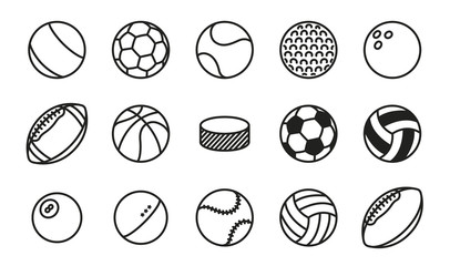 sports balls minimal flat line vector icon set. soccer, football, tennis, golf, bowling, basketball,