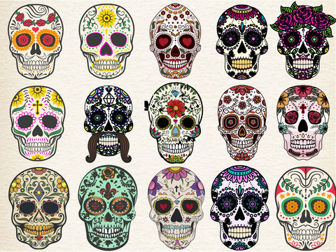 Wall Mural -  - Trendy sugar skulls set with skulls in different styles