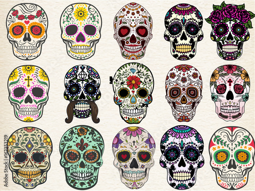 Fotografía Trendy sugar skulls set with skulls in different styles