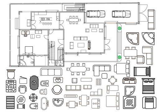 Wall Mural -  - Floorplan with isolated furniture elements in top view 