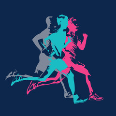 Marathon running, abstract colorful silhouettes of adult runners, vector poster