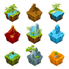 Sticker - Fantasy isometric islands with vulcans, different plants and rivers. Interface elements in cartoon style. Vector pictures for computer games