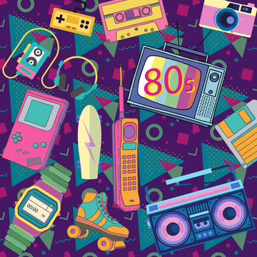 Wall Mural -  - Eighties 80s isolated objects in retro style
