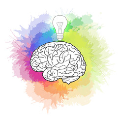 Linear illustration of  human brain with light bulb and rainbow watercolor sprays. Creativity, idea. Vector illustration for your design