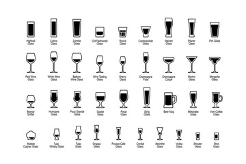 drink glasses with titles, black and white icons set