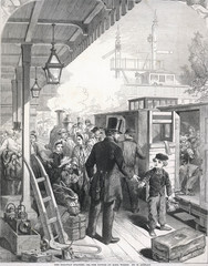 Wall Mural - People boarding a train at a station. Date: 1864