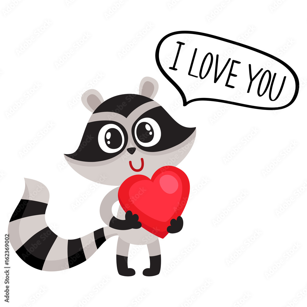 Cute raccoon character holding big red heart, saying I Love You, cartoon  vector illustration isolated on white background. Stock Vector | Adobe Stock, image size:1000x1000