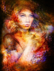 Aufkleber - Goddess Woman in Cosmic space. Cosmic Space background.