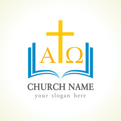 Wall Mural - Christian church vector logo. Gold crucifixion, open blue book, cover, pages, alpha and omega greek letters. Religious educational symbol template. Bible studying, learning, teaching class.