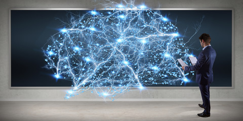 Poster - Businessman using digital brain interface on a board 3D rendering
