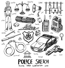 Wall Mural - Police Doodle Sketch line icon vector set eps10