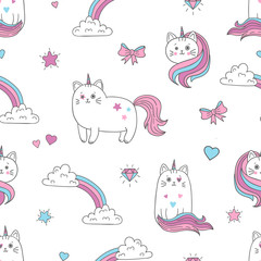 Fotofirana cute cats unicorns seamless pattern. vector background for kids design.