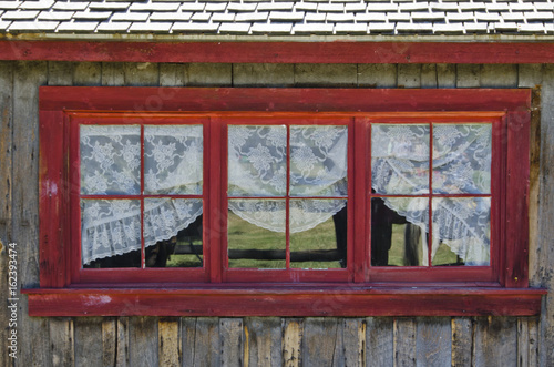 Old Log Cabin Window With Lace Curtains Buy This Stock Photo And