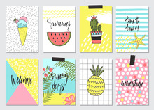Set Of Cute Hand Drawn Summer Cards, Background. Holiday, Travel, Vacation Theme. Wallpaper,flyers, Invitation, Posters,templates, Brochure, Tags. Vector Illustration.