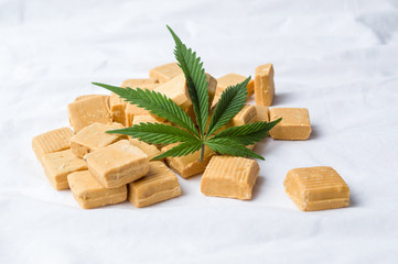 Marijuana leaf and caramel candies