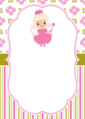 Wall Mural - Vector Card Template with Cute Little Fairy on Floral and Striped Background. Vector Fairy.  Vector illustration.