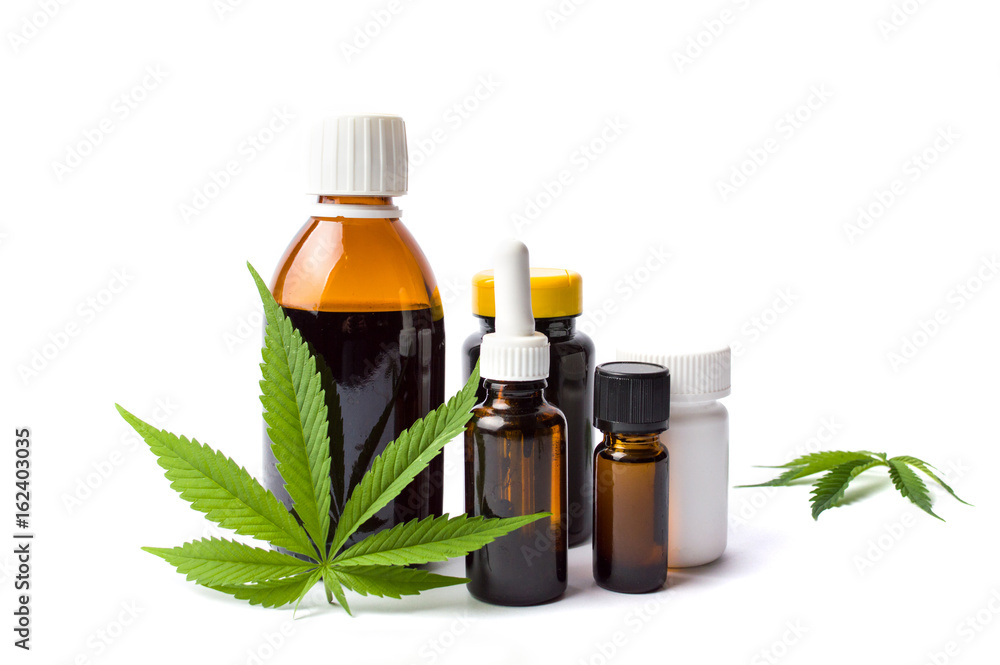 Marijuana and cannabis oil bottles isolated - obrazy, fototapety, plakaty 