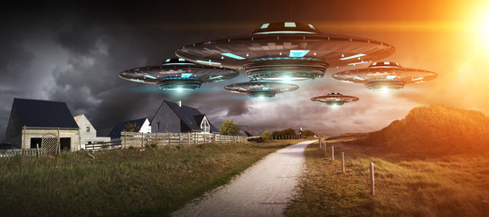 Poster - UFO invasion on planet earth landascape 3D rendering