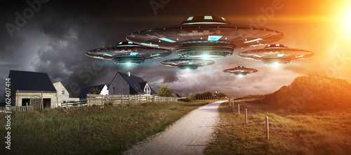 Cuadros en Lienzo UFO invasion on planet earth landascape 3D rendering