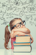© Myst - beautiful cute little genius girl with books. Math formulas, problems over her head