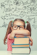 © Myst - beautiful cute little genius girl with books. Math formulas, problems over her head
