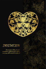 Butterfly with orchids invitation card by hand drawing.Butterfly and gold flower on black background