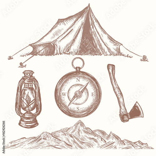 Camping Vacation Objects Hand Drawn Elements Camping Tent