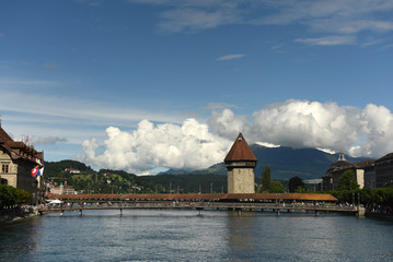 Poster - Lucerne cityscape, Switzerland. Chapel Bridge (Kapellbrucke) and Water Tower on Lake Lucerne, Switzerland