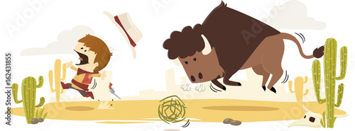 Bison sauvage poursuivant un cow-boy