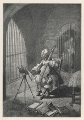 Wall Mural - Man in the Iron Mask  playing the cello in prison. Date: late 17th century