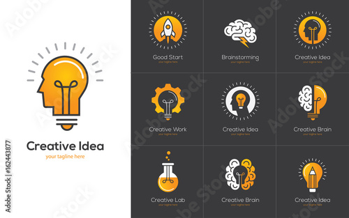 Fotomural Creative idea logo set with human head, brain, light bulb.