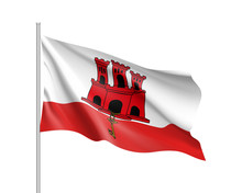 Waving Flag Of Gibraltar. Illustration Of Europe Country Flag On Flagpole. Vector 3d Icon Isolated On White Background