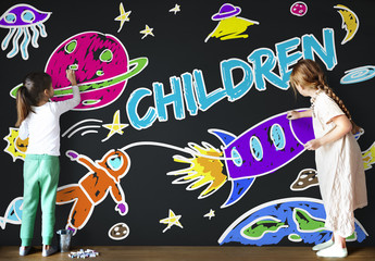 Wall Mural - Kids Imagination Space Rocket Joyful Graphic Concept