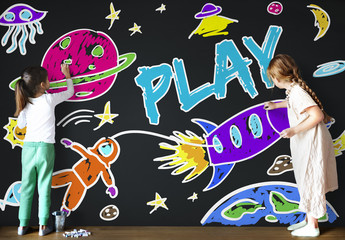 Wall Mural - Kids Imagination Space Rocket Joyful Graphic Concept