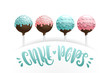 Set of vector colored cake pops on a stick, isolated on a white background, with lettering.
