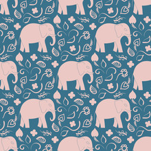 Seamless Pattern With Elephants And Flowers. Background For Textile, Baby Shower, Greeting Card, Wrapping. Flora Oriental L Ornament.
