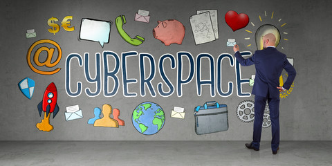 Wall Mural - Businessman drawing social network sketch on a wall 3D rendering