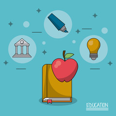 Sticker - colorful poster of education with book and apple in closeup and icons of parthenon and light bulb and marker