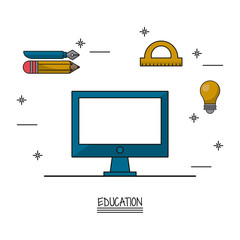 Poster - white background poster of education with computer in closeup and icons of pencil and fountain pen and protractor and light bulb