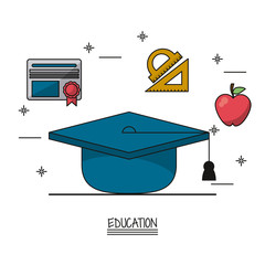 Poster - white background poster of education with graduation cap in closeup and icons of diploma and geometric rulers and apple fruit