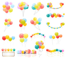 Group Of Colour Glossy Helium Balloons Isolated On Transperent  Background. Set Of  Balloons And Flags For Birthday, Anniversary, Celebration  Party Decorations. Vector Illustration
