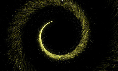 Wall Mural - Gold glittering spiral trail of sparkling dust particles on black background.