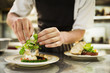 © Mint Images - Close up of chef in kitchen adding salad garnish to a plate with grilled fish.