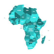 Political Map Of Africa In Four Shades Of Turquoise Blue With White Country Name Labels On White Background. Vector Illustration.